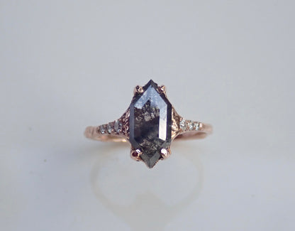 Salt and Pepper,  Elongated Hexagon, Black Diamond, 14k Rose Gold - Salt and Pepper Diamond Ring- mossNstone