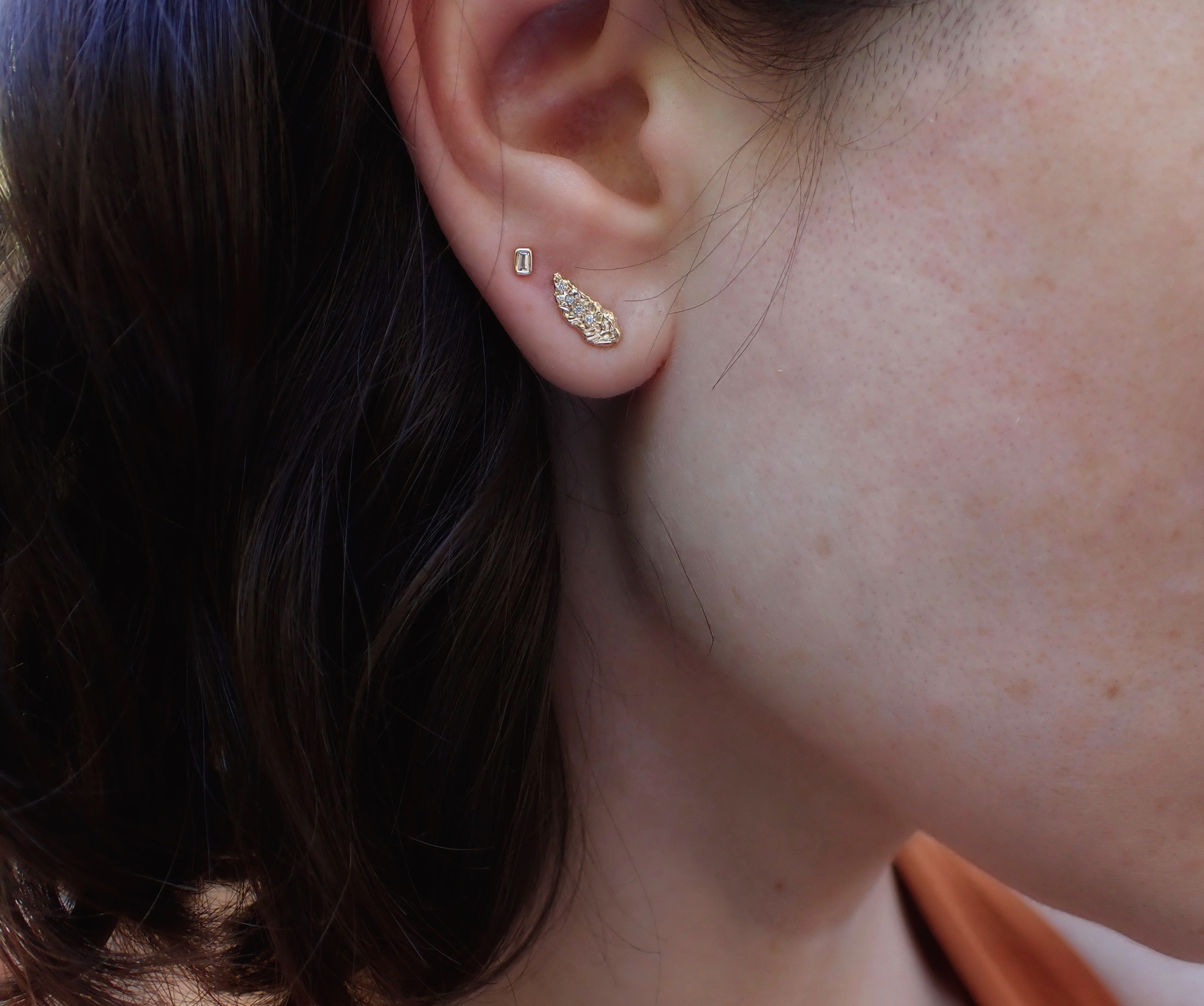 Leaf + diamond accent studs, hand carved, 14k gold - mossNstone