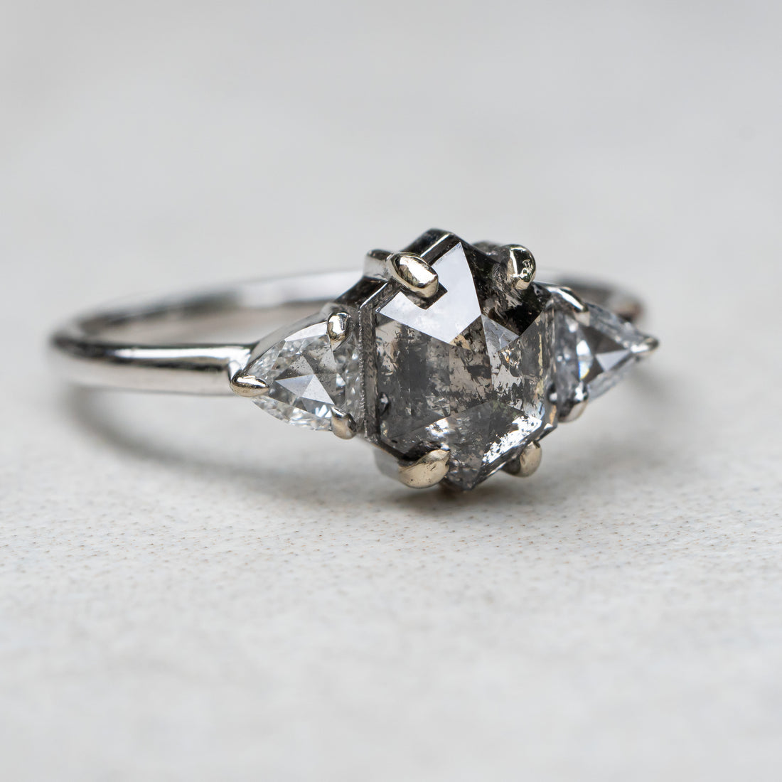 Salt and Pepper Hexagon Diamond Ring with Triangle Accents, 14k White Gold