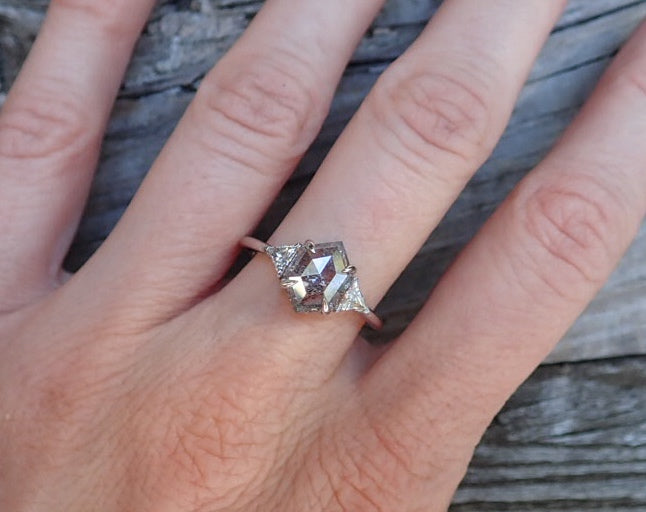 Salt and Pepper Hexagon Diamond Ring 14k White Gold - mossNstone
