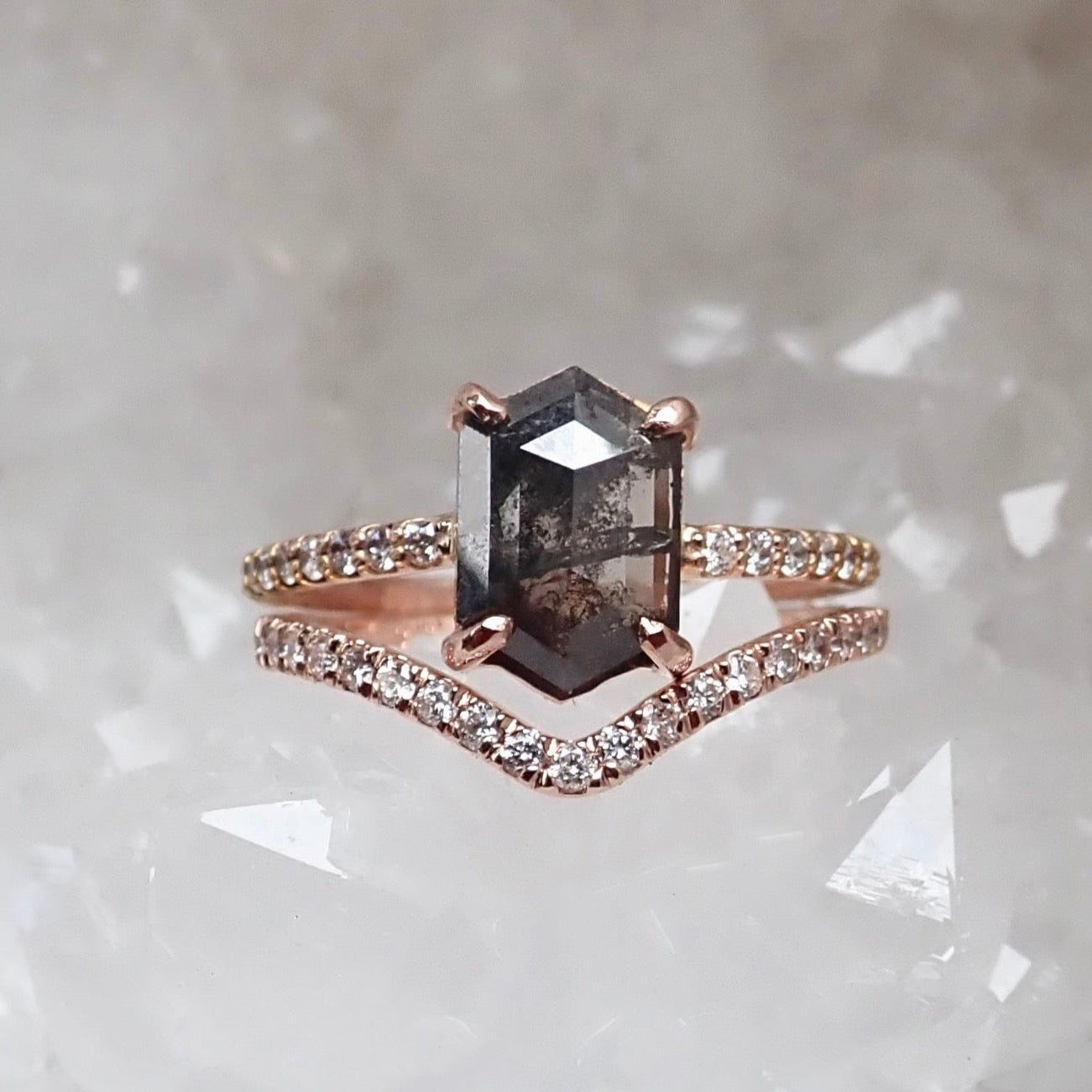 Custom: Elongated Hexagon Cut, Salt and Pepper Diamond Engagement Ring