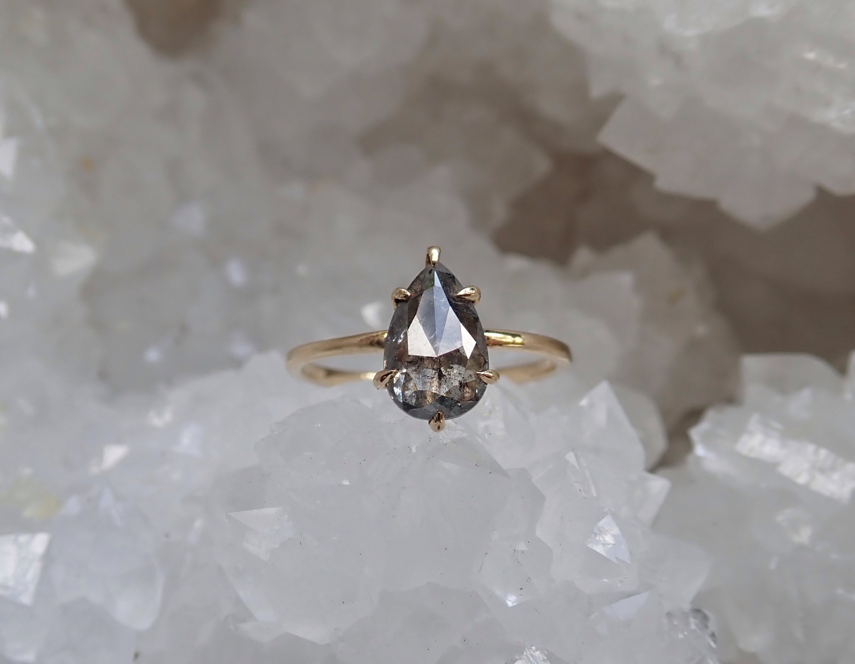Salt and Pepper Pear Diamond Ring 14k yellow Gold, Six Prong Setting - mossNstone