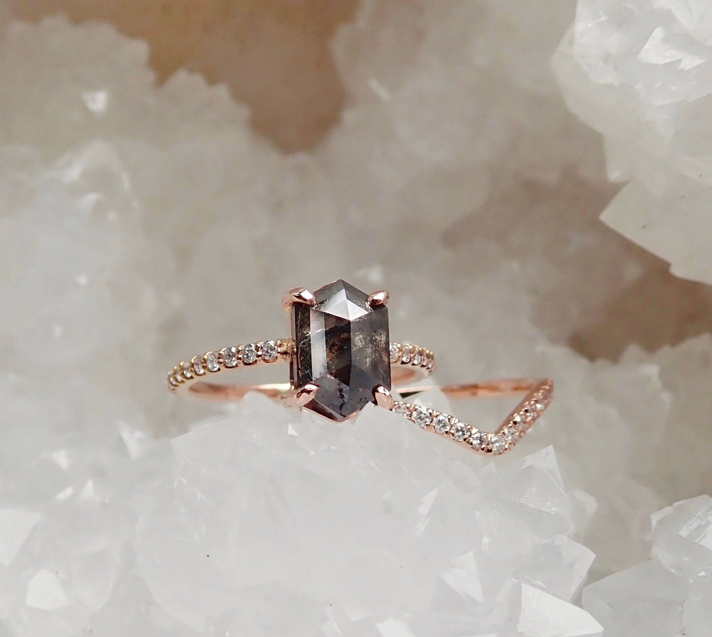 Custom: Elongated Hexagon Cut, Salt and Pepper Diamond Engagement Ring - mossNstone