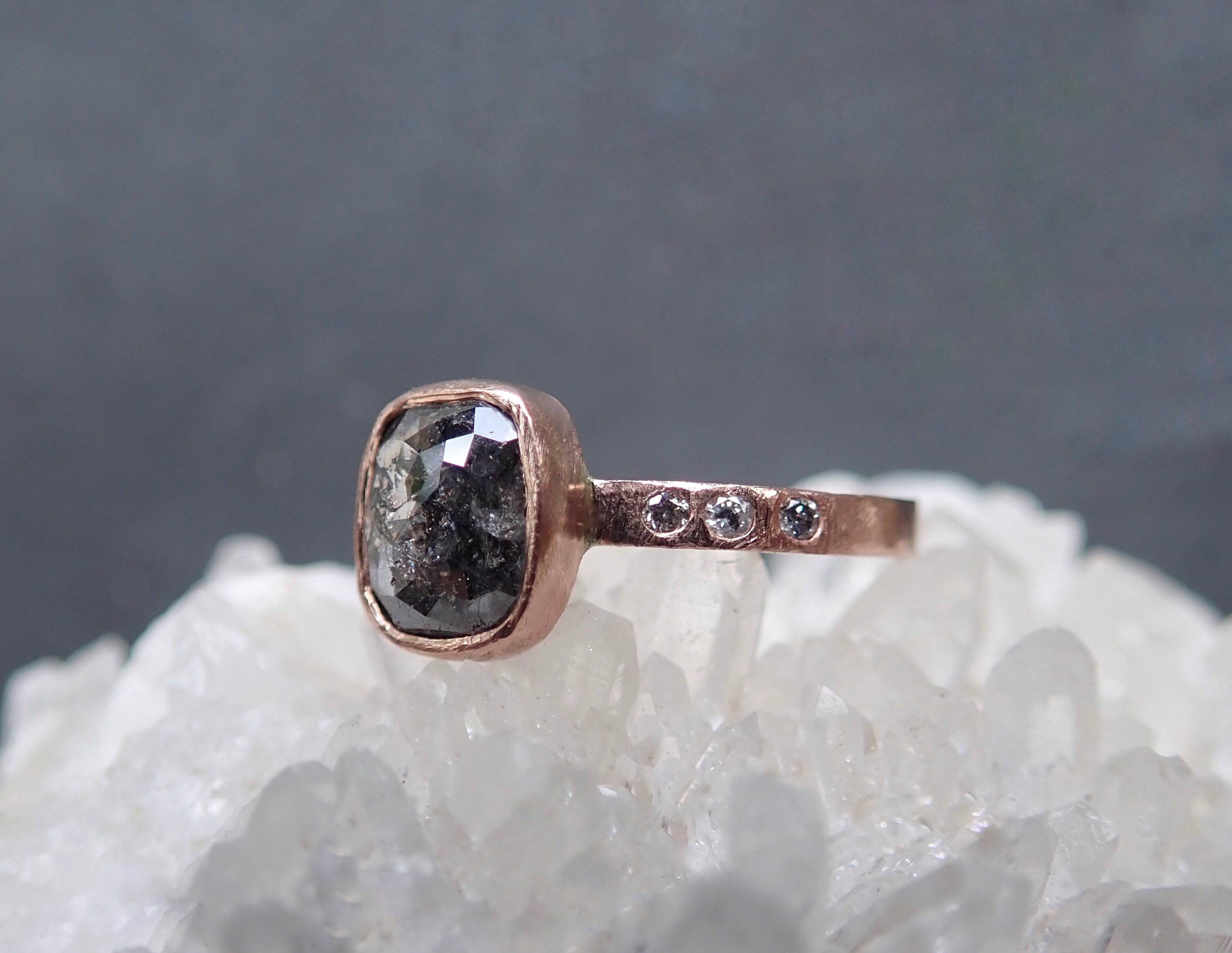 Custom: Cushion and Oval, Rose Cut Salt and Pepper Diamond Ring - mossNstone