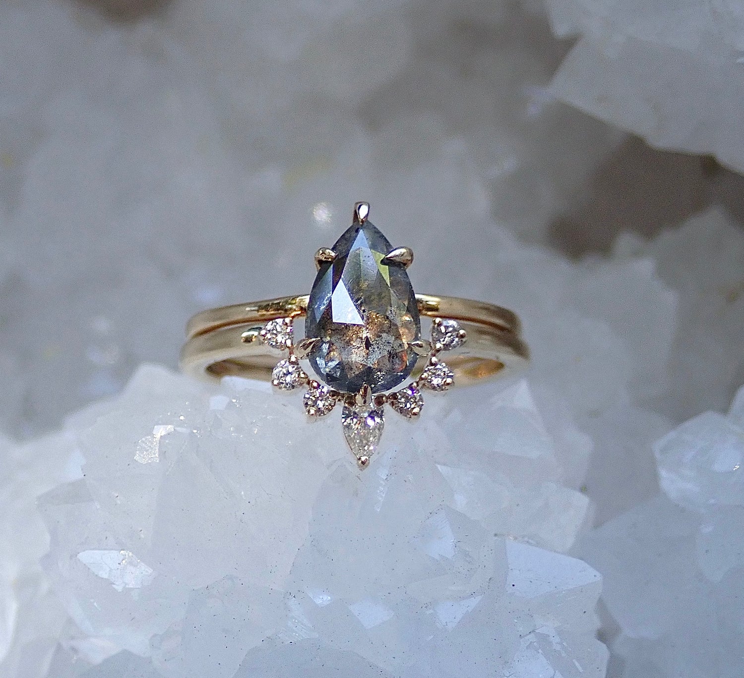 White Diamond Crown Ring - Salt and Pepper Diamond Ring- mossNstone