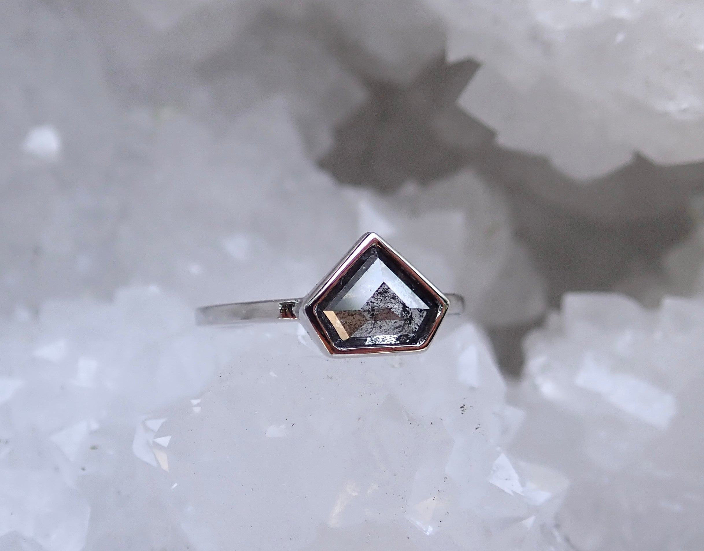 Shield Cut Salt and Pepper Diamond Ring, Bezel Set in 14k White Gold - mossNstone