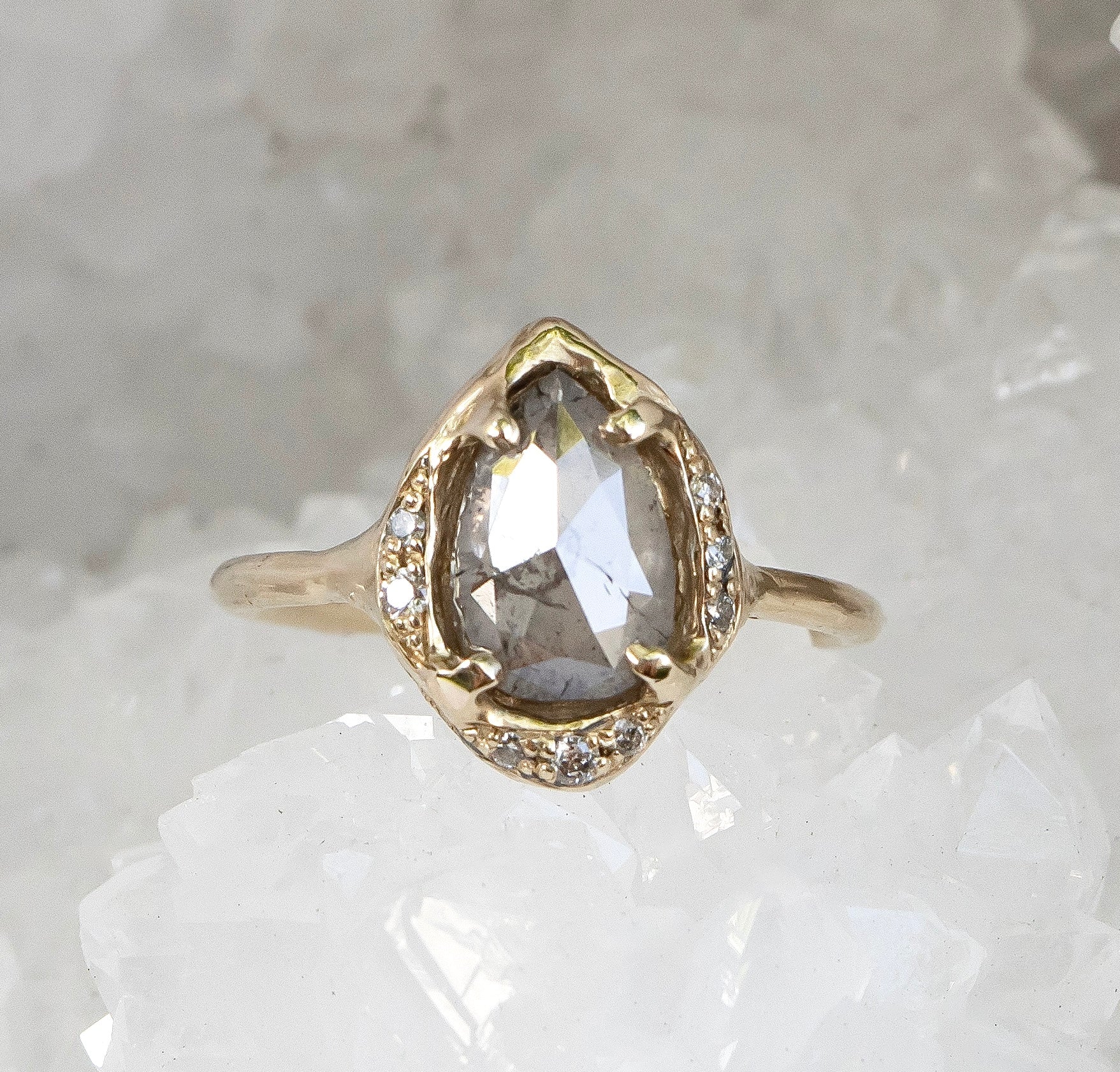 1.72ct Salt and Pepper Pear Diamond Ring in a Scattered Halo Setting