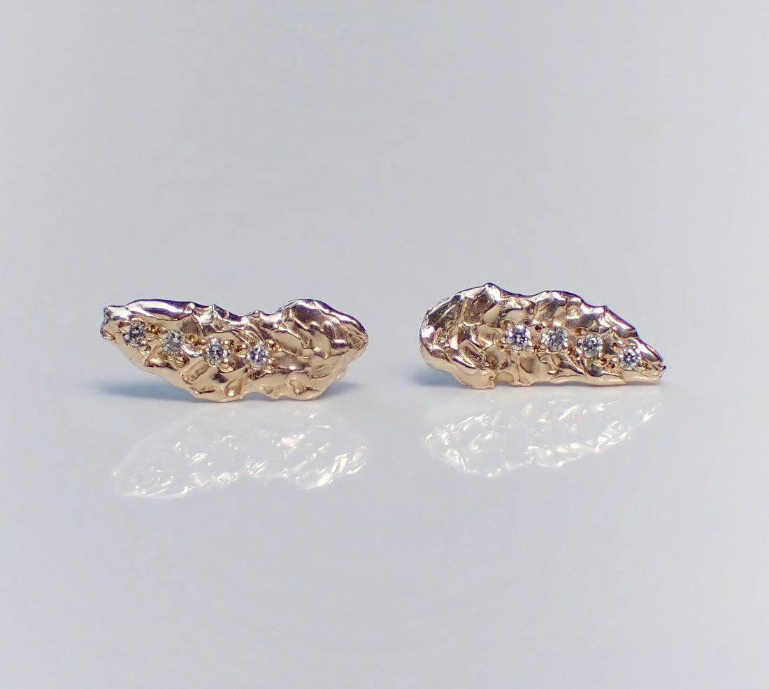 Leaf + diamond accent studs, hand carved, 14k gold - mossNstone