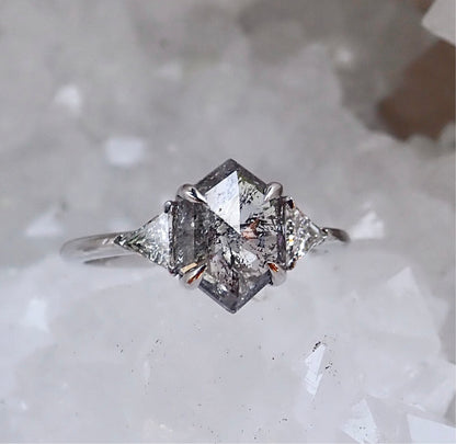 Salt and Pepper Hexagon Diamond Ring 14k White Gold - mossNstone