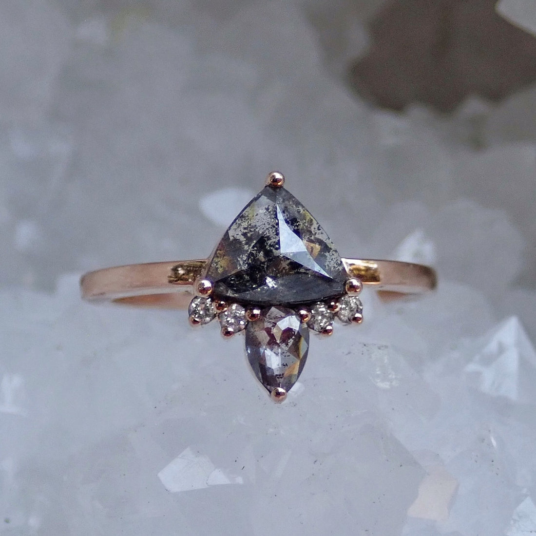 Geometric Salt and Pepper Diamond Cluster Ring, 14k Rose Gold - Salt and Pepper Diamond Ring- mossNstone