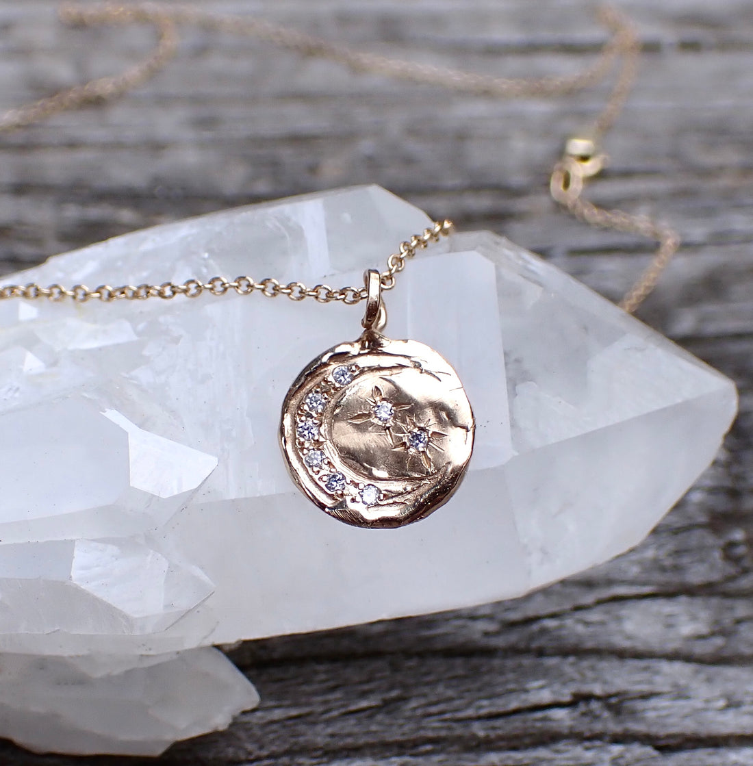 Crescent Diamond and Stars Coin Pendant - Salt and Pepper Diamond Ring- mossNstone