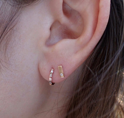 Single Diamond Bar Studs in Solid 14k Gold - mossNstone