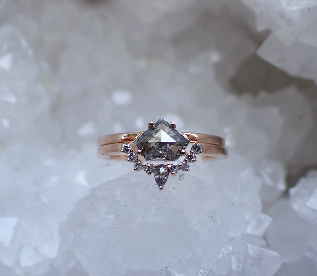 Shield Cut Salt and Pepper Diamond Ring Set, 14k Rose Gold - mossNstone