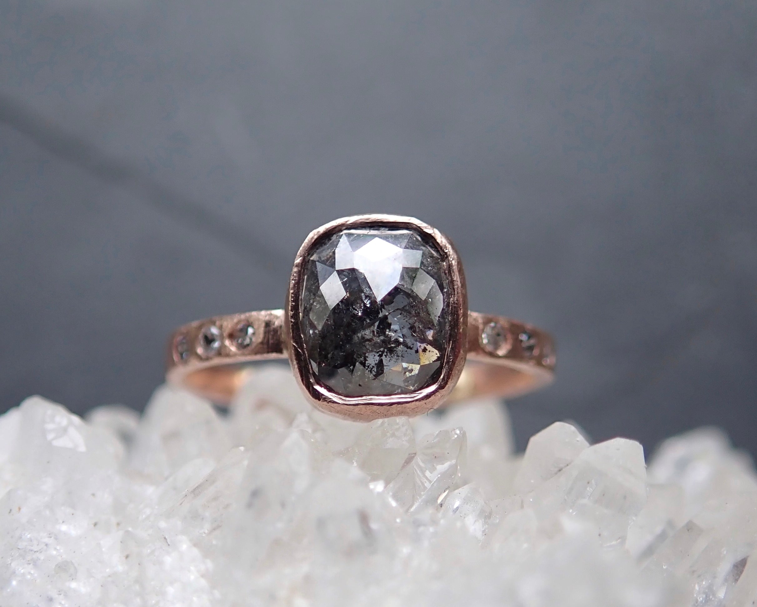 Custom: Cushion and Oval, Rose Cut Salt and Pepper Diamond Ring - mossNstone