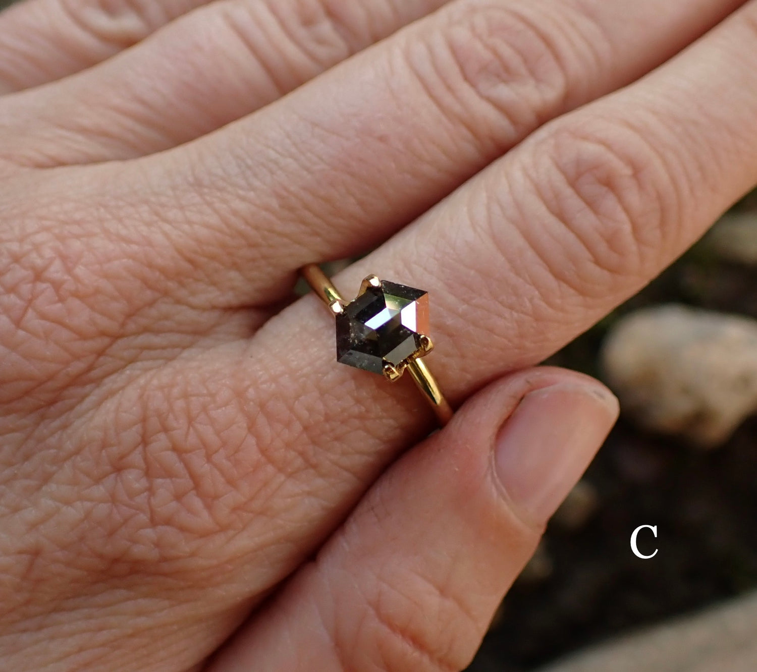 Custom Salt and Pepper Hexagon Diamond Ring with Triangle Accents for Olve - mossNstone