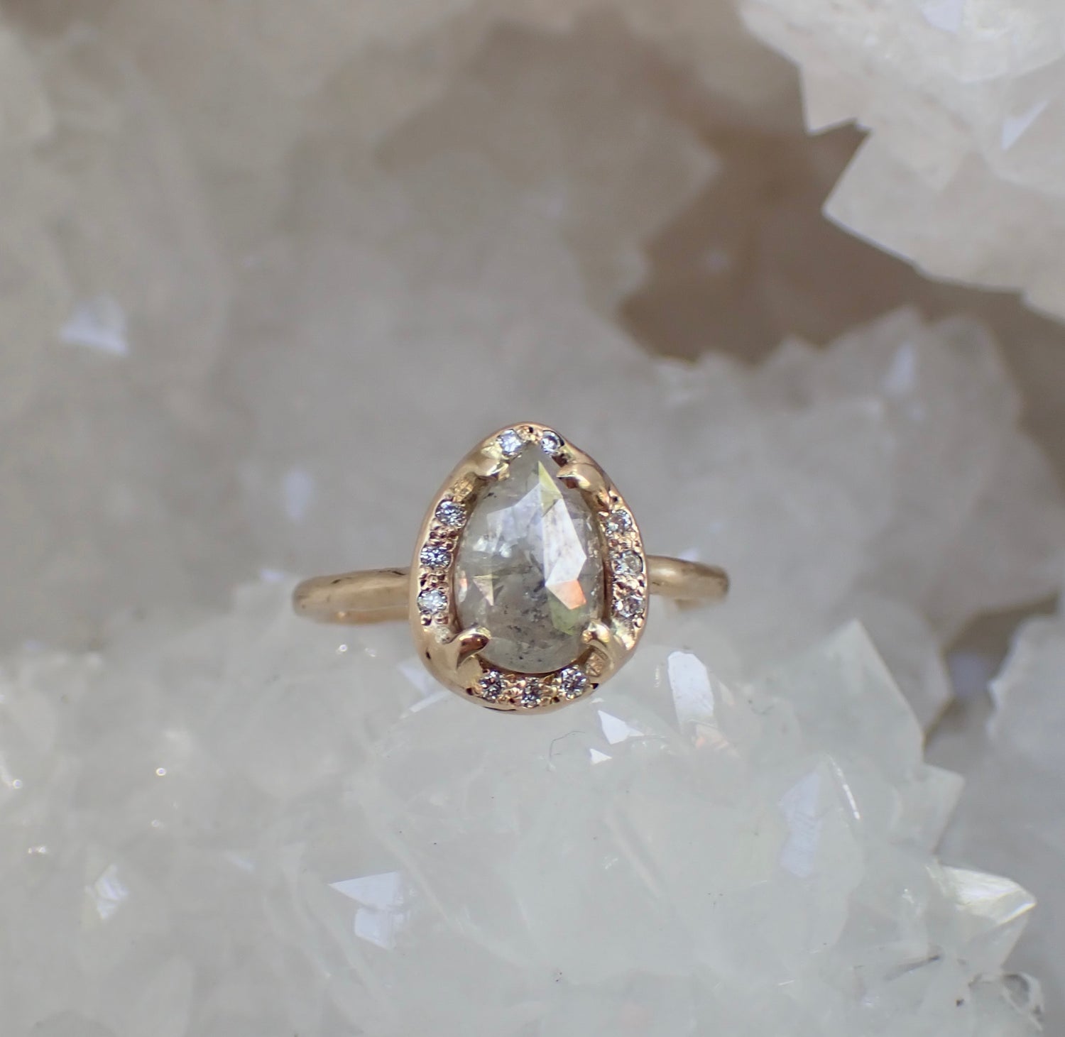 Icy White Salt and Pepper Pear Diamond Ring, in a Molten Diamond Halo