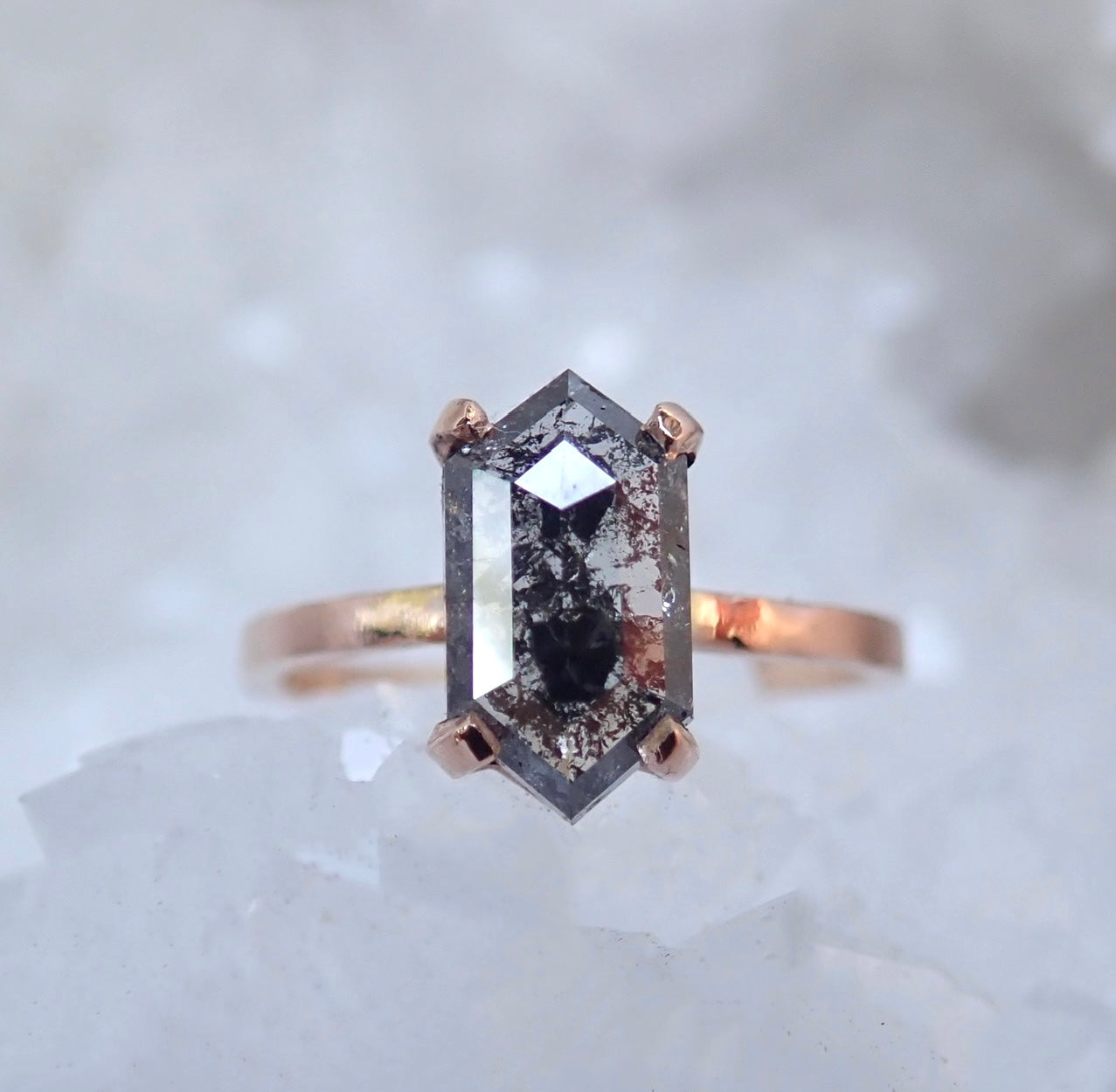 Custom: Elongated Hexagon Cut, Salt and Pepper Diamond Engagement Ring