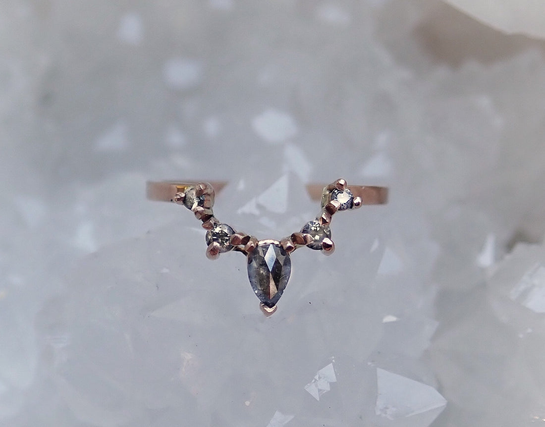 Inverted Diamond Crown Ring - Salt and Pepper Diamond Ring- mossNstone