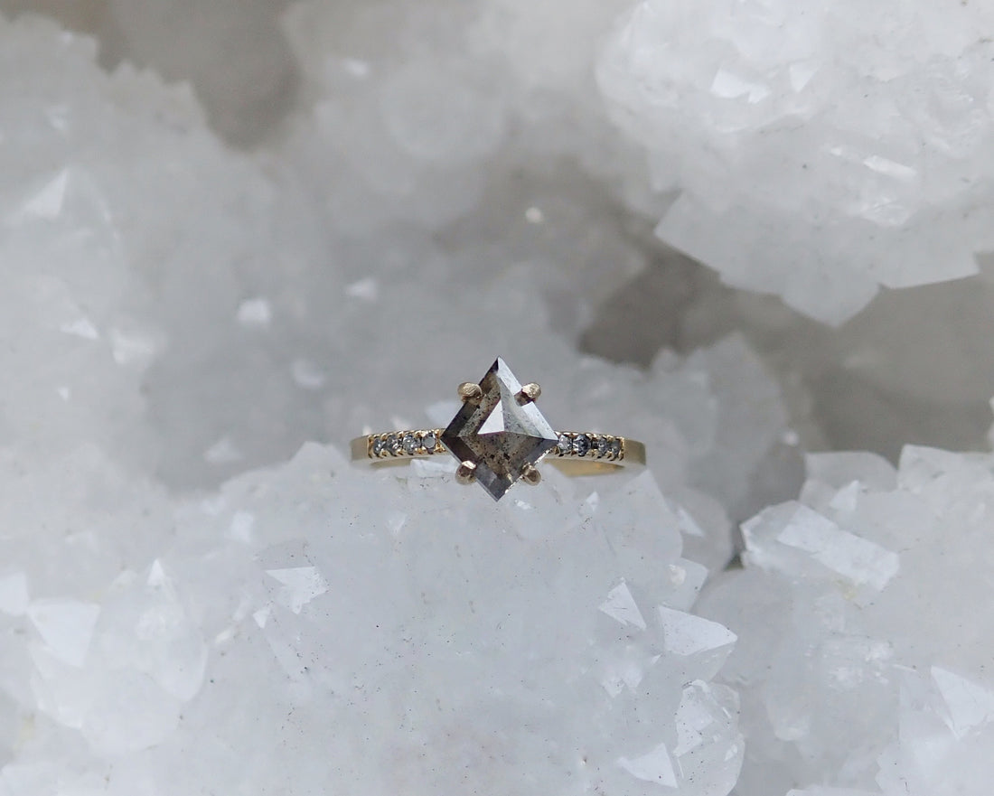 Ready to to ship: Salt and Pepper Kite Accent diamond Ring 14k yellow Gold, Size 7 - mossNstone