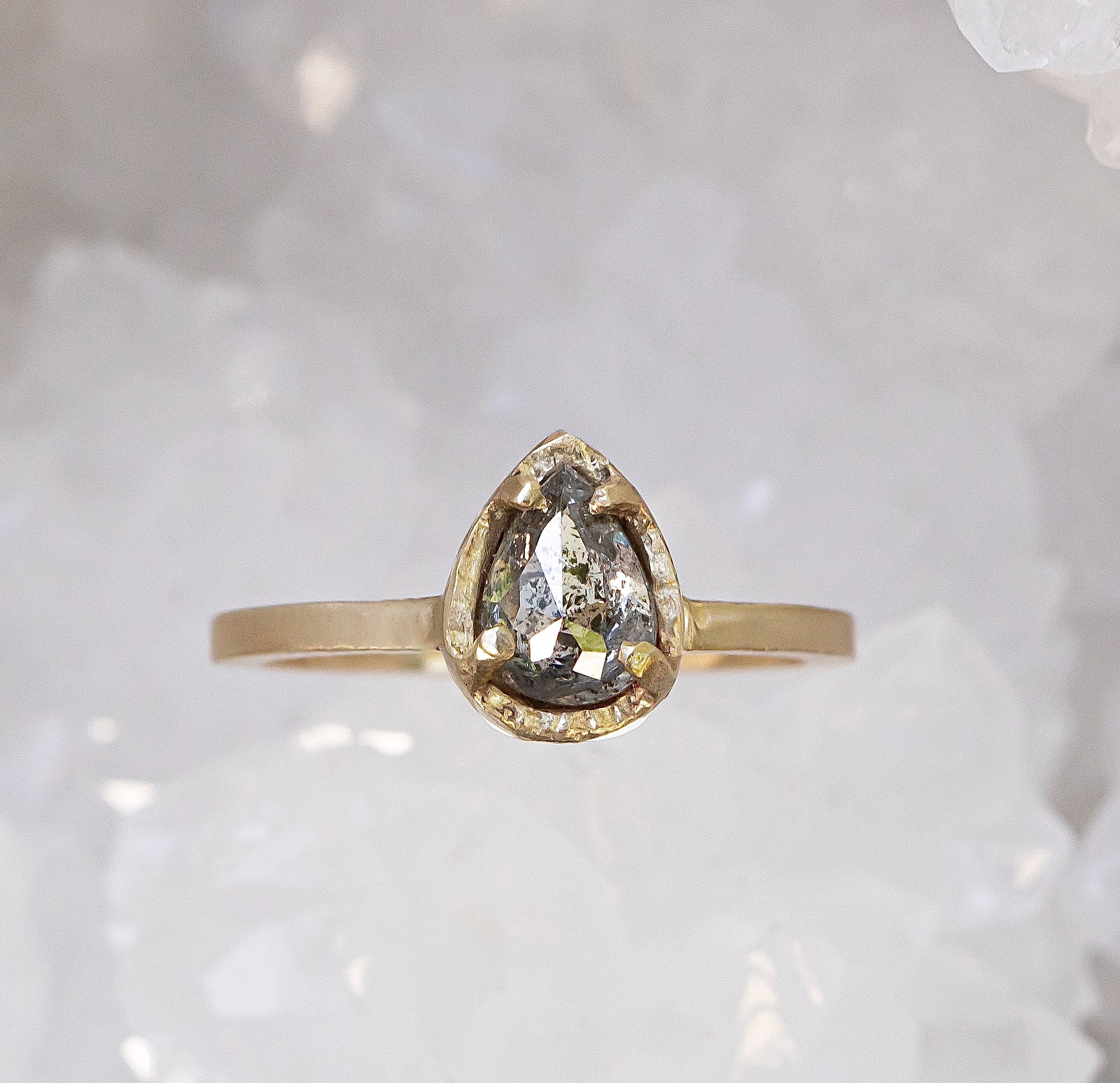 Salt and Pepper Pear Solitaire Diamond, Hand Carved in 14k yellow gold - Salt and Pepper Diamond Ring- mossNstone