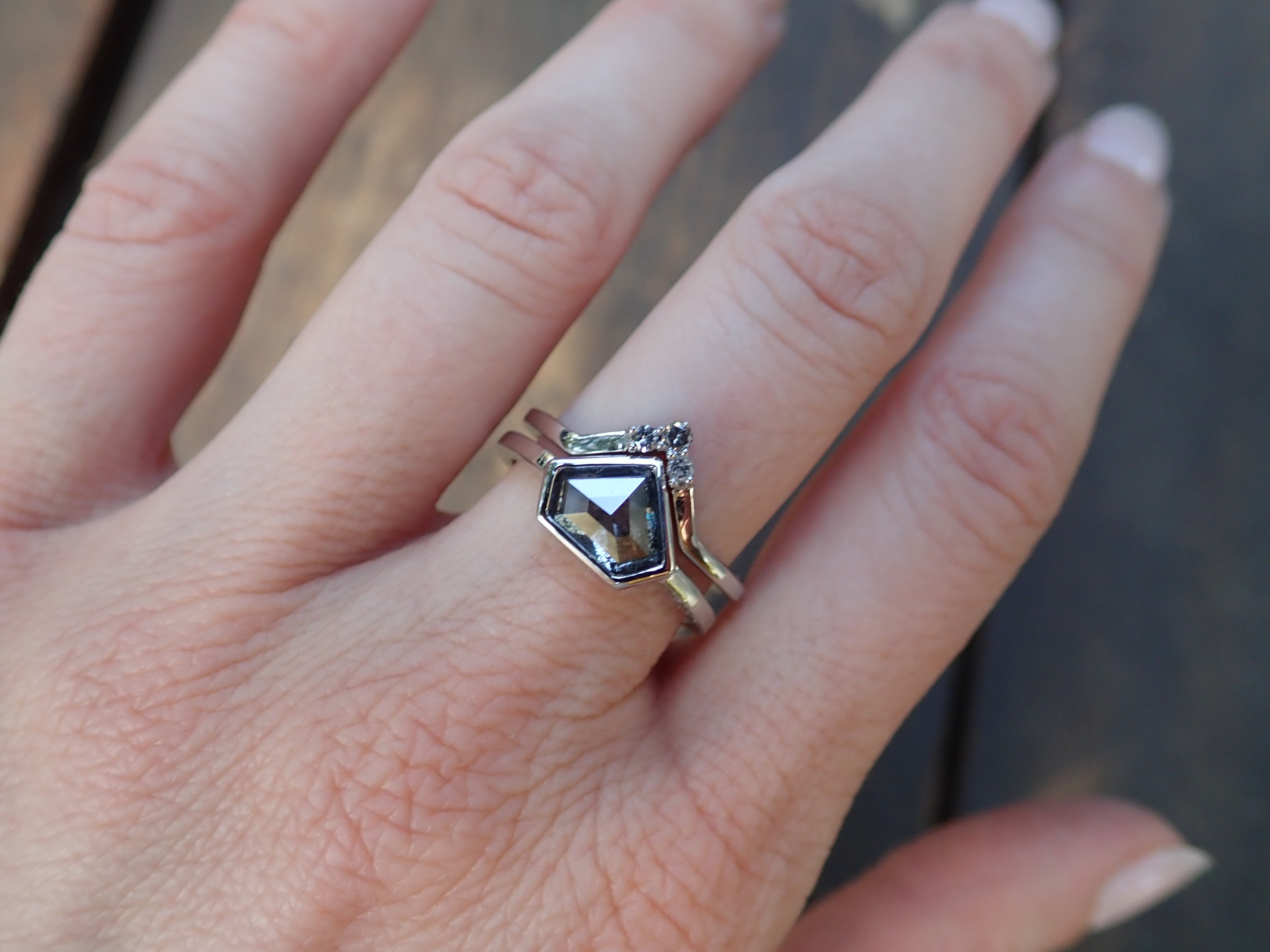 Shield Cut Salt and Pepper Diamond Ring, Bezel Set in 14k White Gold - mossNstone
