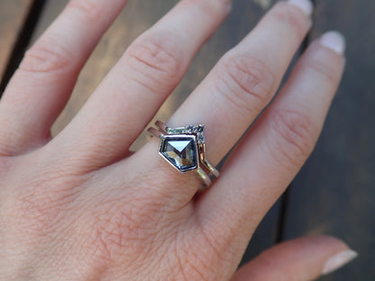 Shield Cut Salt and Pepper Diamond Ring, Bezel Set in 14k White Gold - mossNstone