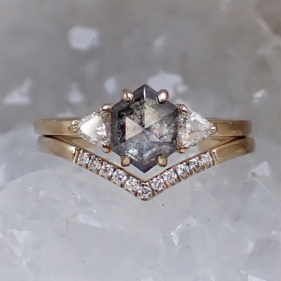 Salt and Pepper Hexagon Diamond Ring Set, 14k Yellow Gold - Salt and Pepper Diamond Ring- mossNstone