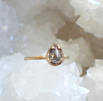 Salt and Pepper Pear Solitaire Diamond, Hand Carved in 14k yellow gold