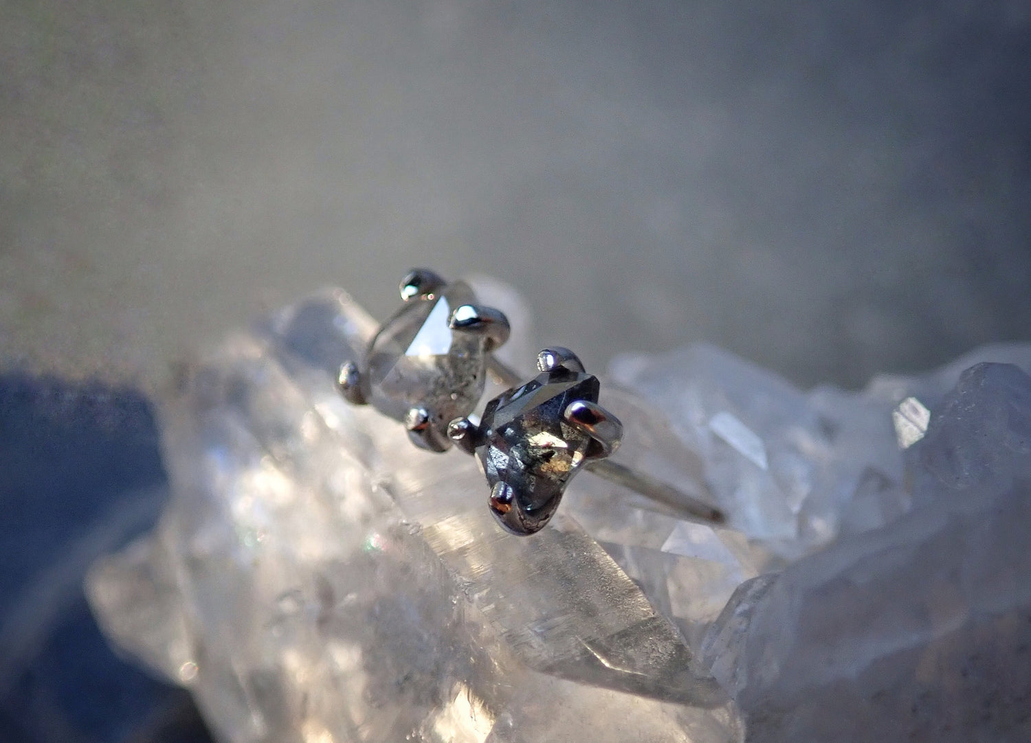 Custom Rose Cut Salt and Pepper Diamond Stud Earrings - mossNstone